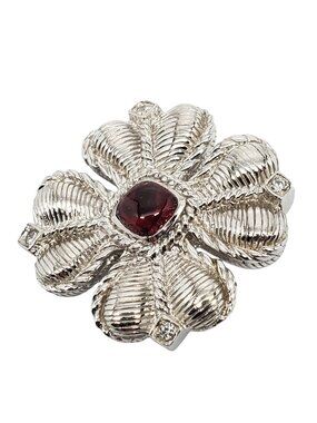 Judith Ripka Sterling Silver Red Stone CZ Clover Brooch Pendant #23961